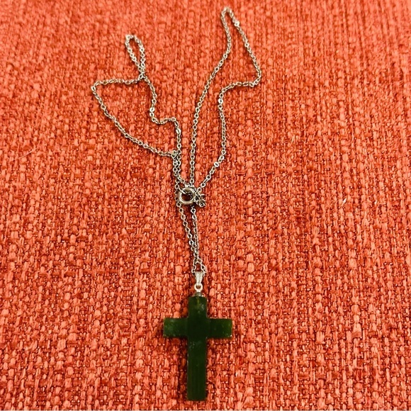 Vintage Jewelry - Vintage Green Stone Cross Charm with Silvertone Chain